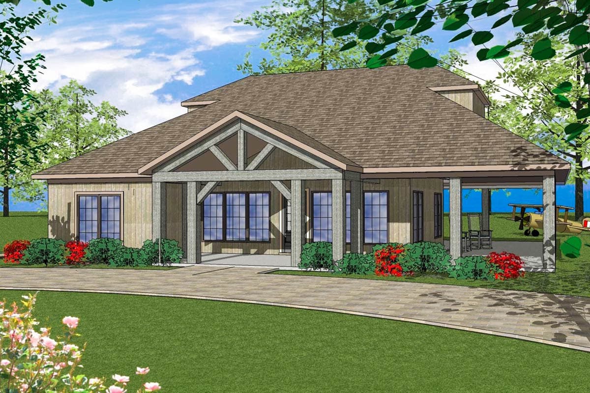 House plan exterior with Craftsman-style elements. Features include a timber-framed entry porch, gabled roof, and covered patio area.