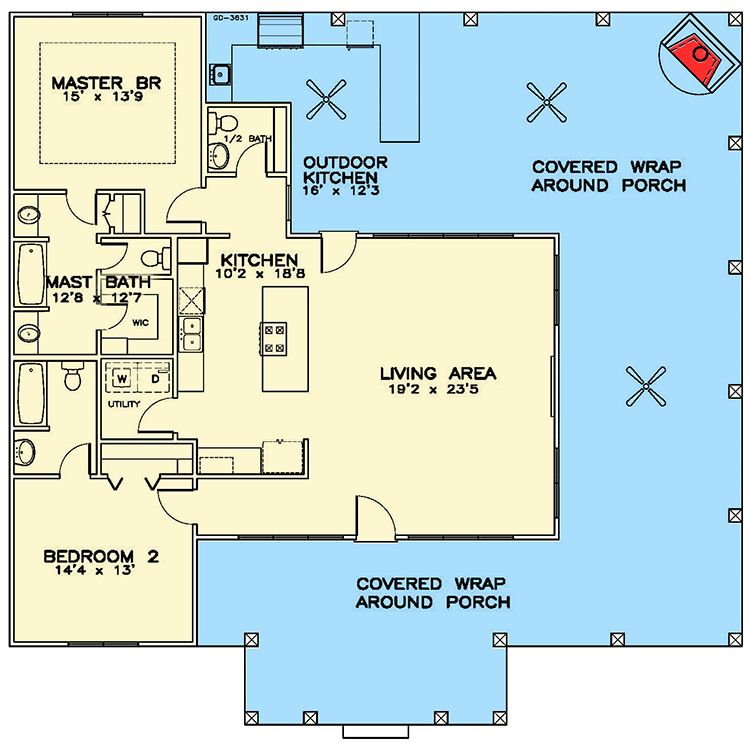 Plan 530008UKD: Graceful Southern Cottage - Floor Plan - Main Level - Cottage, Southern, Vacation