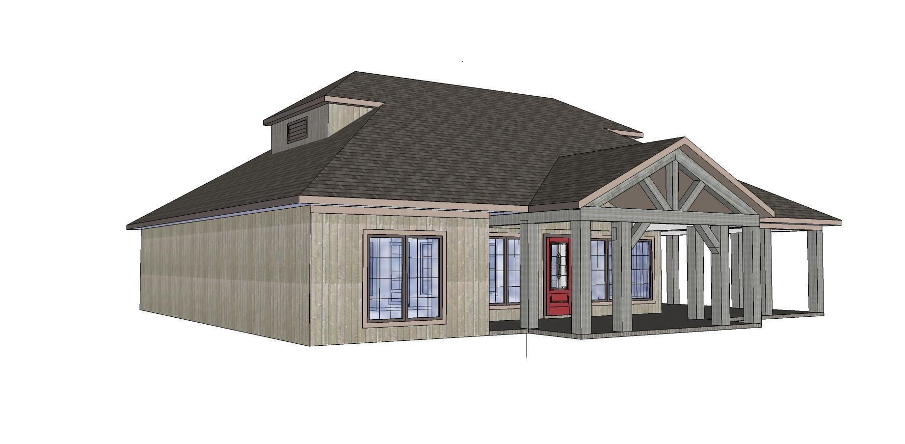House plan exterior: Single-story home with a covered front porch featuring exposed wood beams, dormer, and vertical siding.