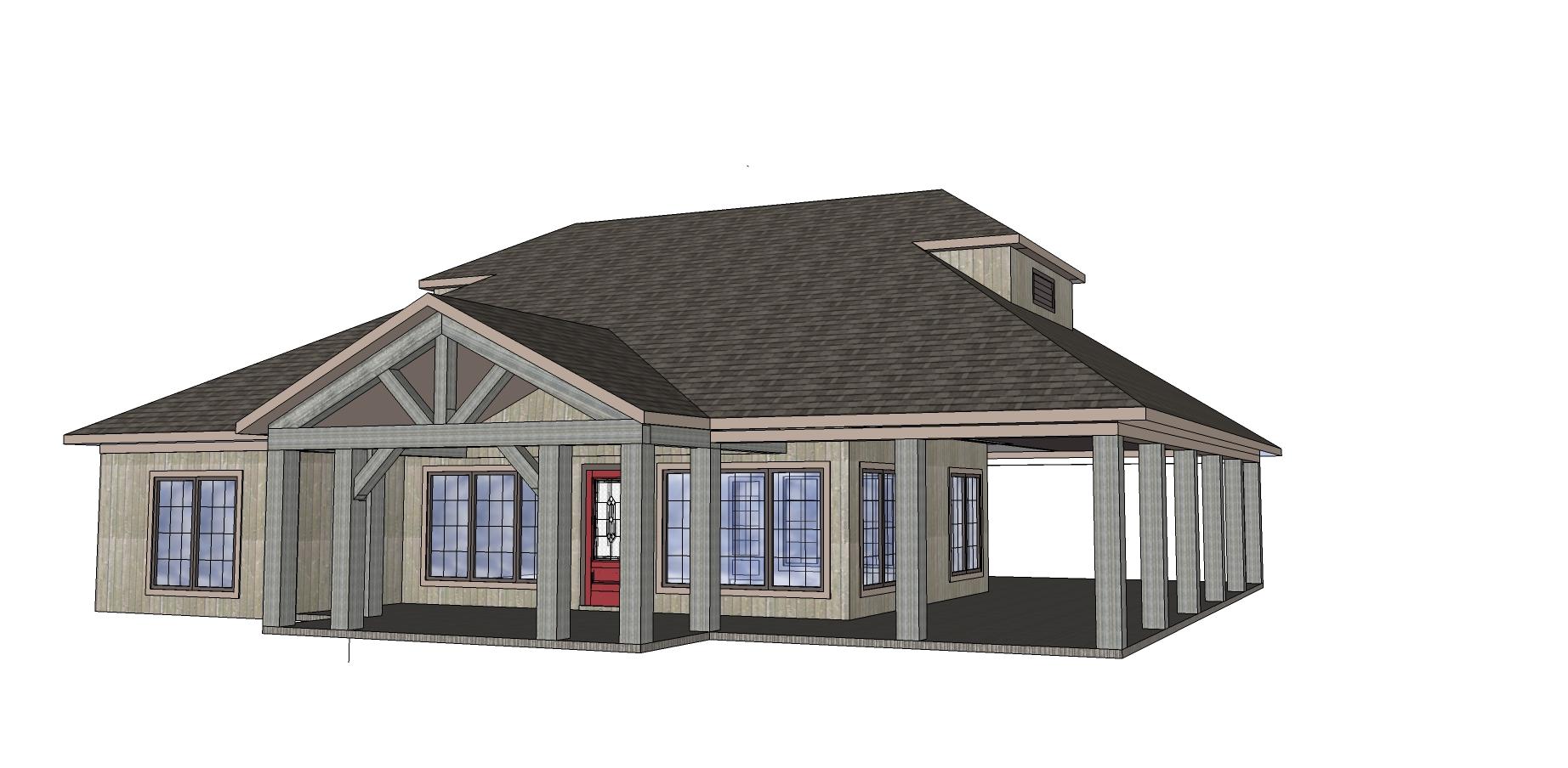 House plan exterior, one story with a prominent covered porch, exposed rafters, and a dormer.