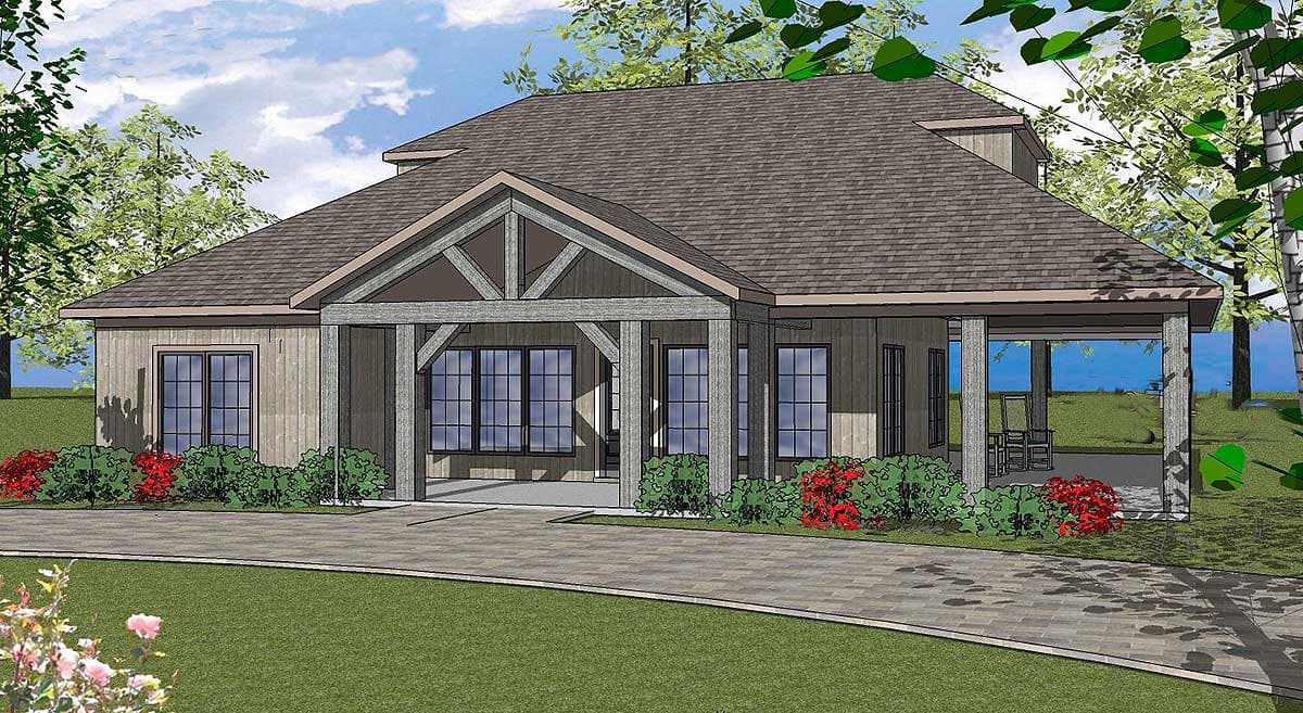 House plan exterior with Craftsman-style elements. Features include a timber-framed entry porch, gabled roof, and covered patio area.