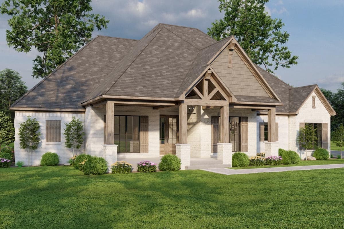 House plan exterior: One-story home with white brick, covered porch, exposed wood beams, gables, and stone accents.
