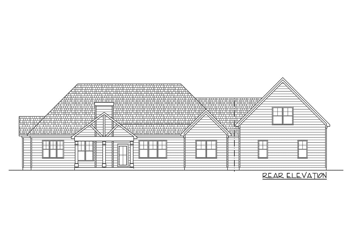 Rear elevation drawing of a house plan featuring a large hip roof, gabled entrance with exposed beams, and multiple windows.