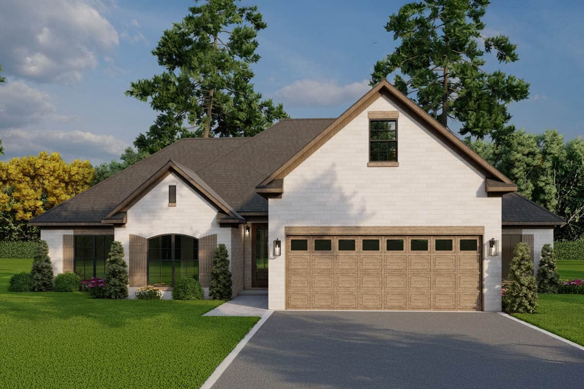 House plan exterior. One-story brick house with a gable roof, arched window, and attached garage with a wooden door.