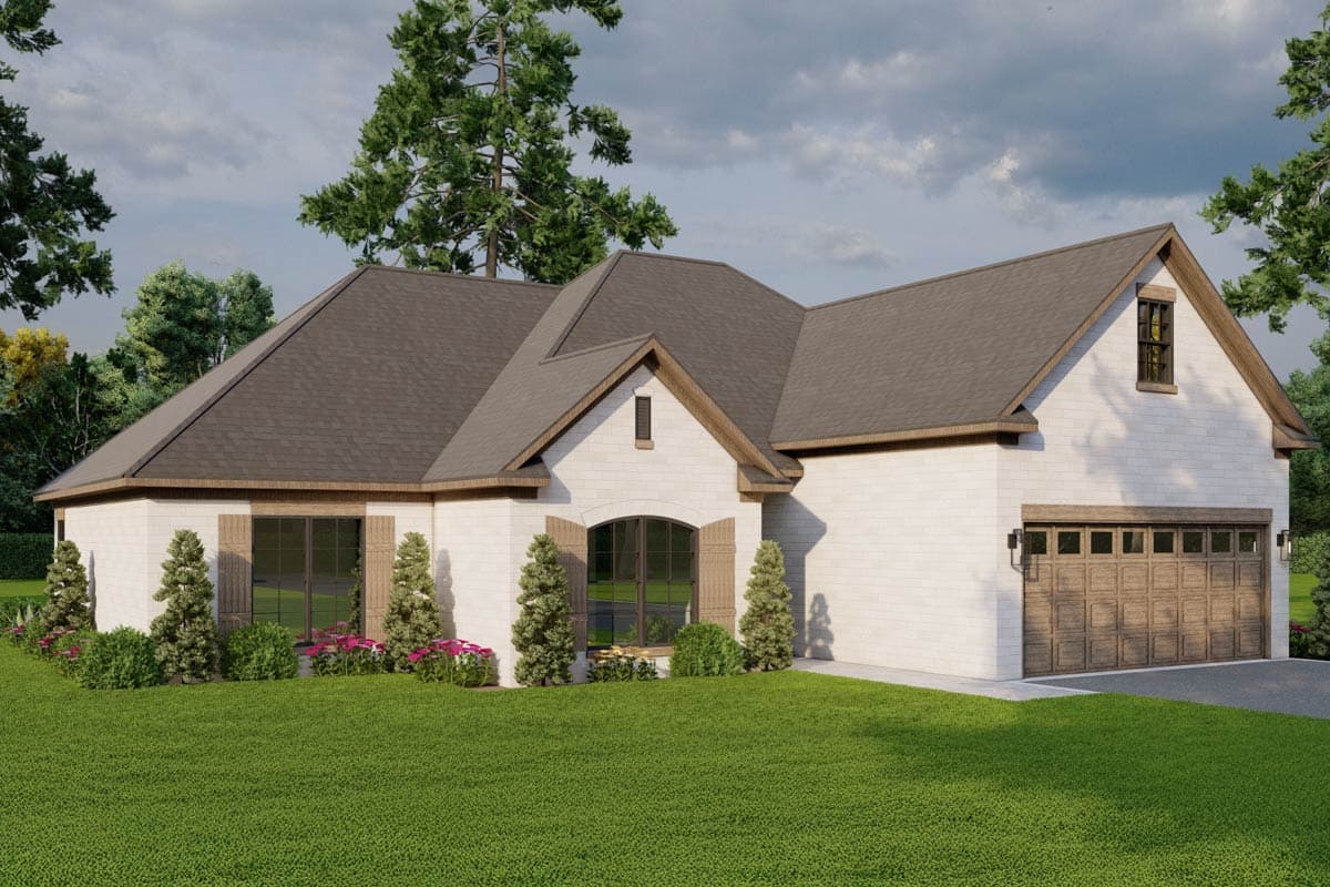 House plan exterior: One-story home with white brick, arched entry, and side-facing garage.