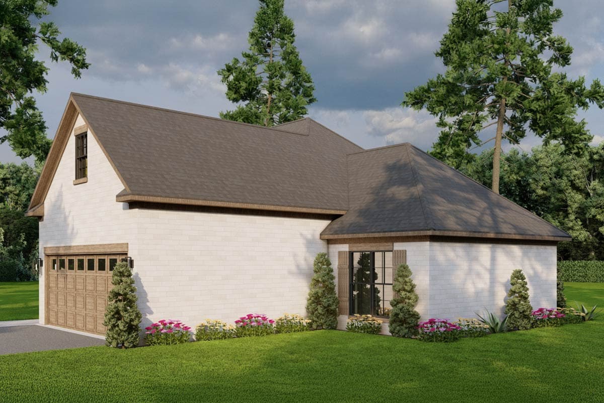 House plan exterior: Modern style, white brick, gable roof, attached garage with wood-look door, and a prominent dormer.