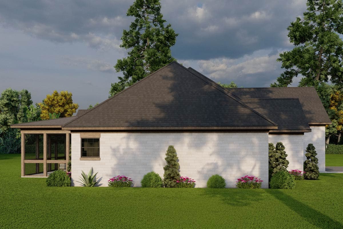 House plan exterior, one story, white brick, dark roof, screened porch, and gabled rooflines.