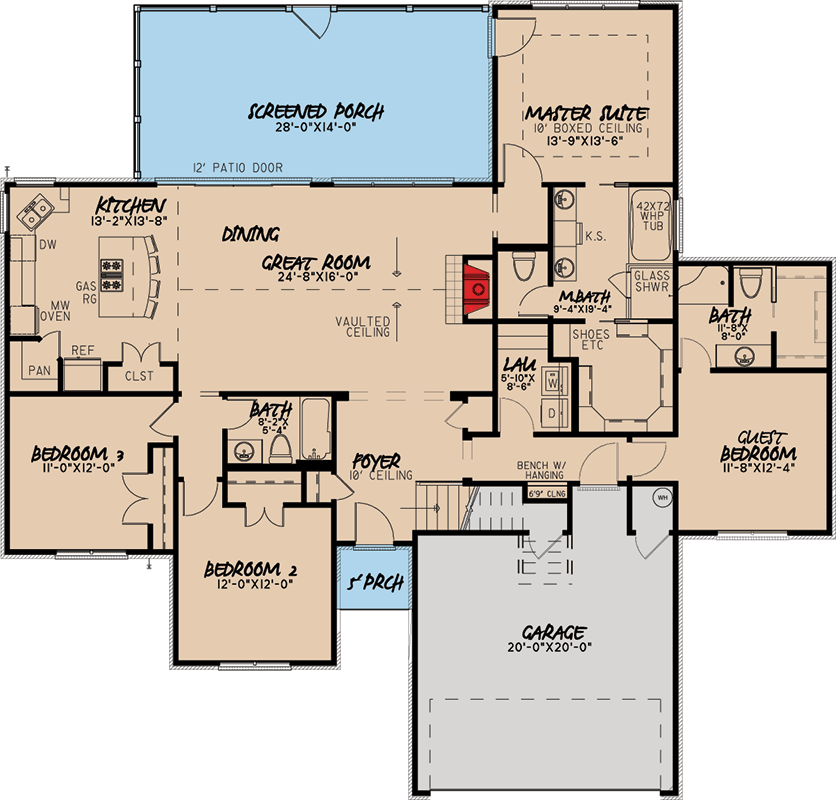 Plan 70541MK: 4 Bed Southern House Plan with Vaulted Great Room - 1994 Sq Ft - Floor Plan - Main Level - Southern, Traditional