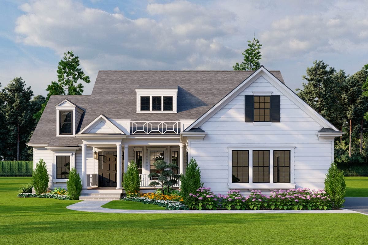 House plan exterior with two stories and a farmhouse style. Features include a front porch with columns, gables, and dormers.