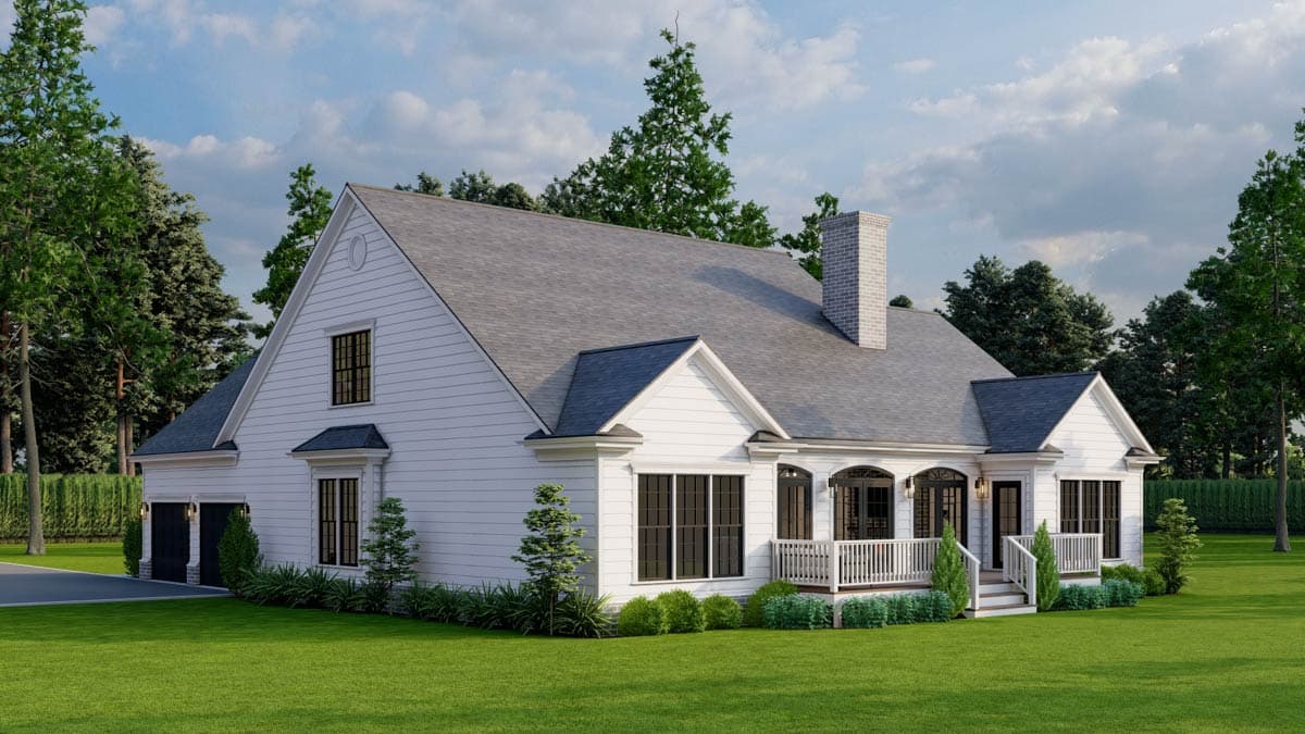 House plan exterior: Traditional style, one-story with gabled dormers, a side-entry garage, and a covered porch with white railings.