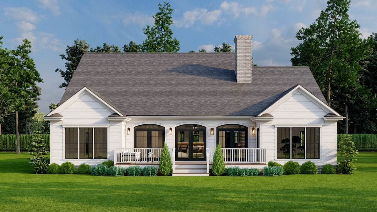 House plan exterior: one-story Modern Farmhouse with gables, a covered porch with white railings, and a brick chimney.