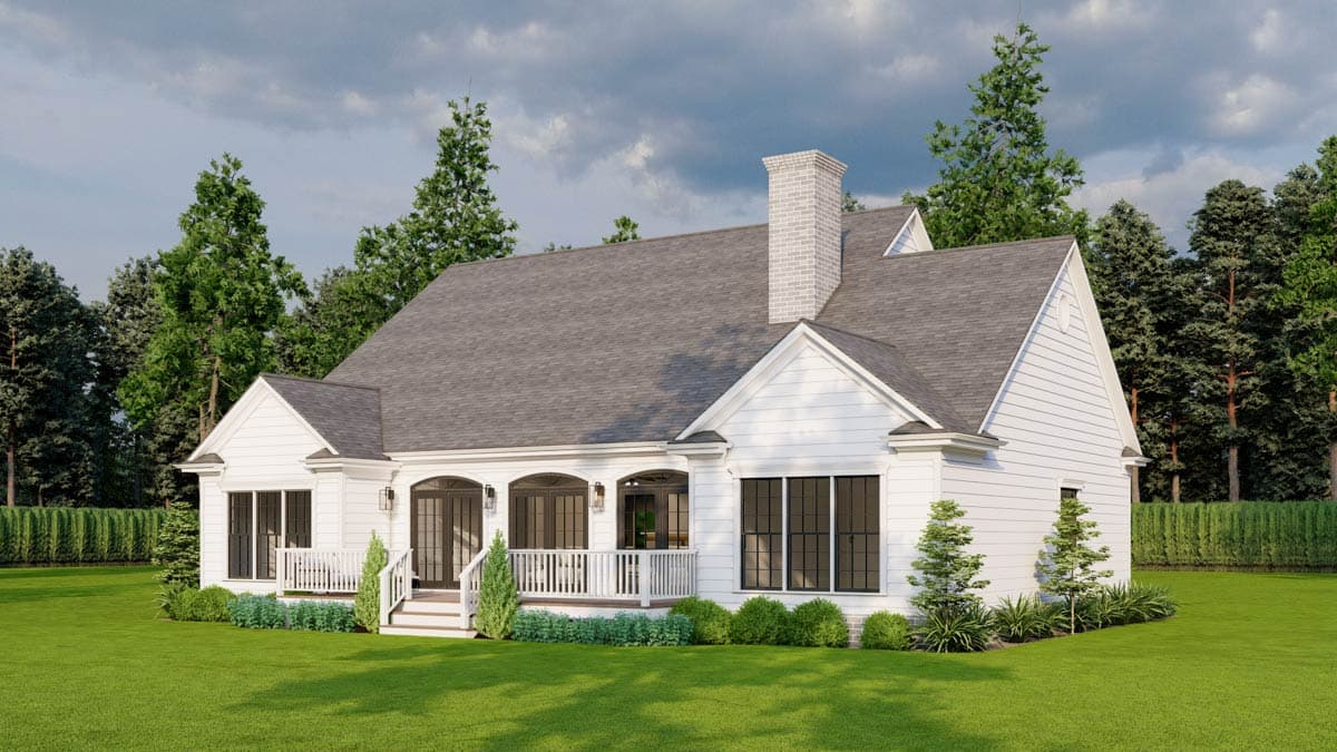 House plan exterior: single-story Modern Farmhouse with gabled dormers, brick chimney, and covered porch.