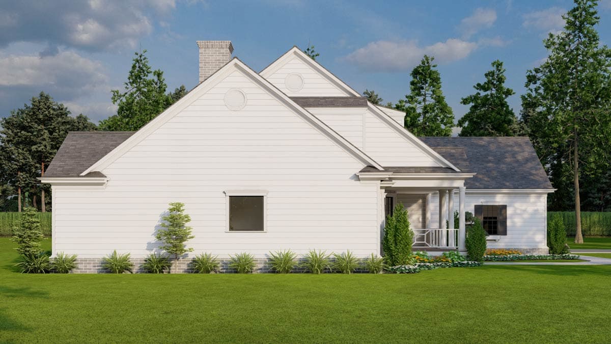 House plan exterior: Modern Farmhouse style, two stories, gabled rooflines, brick base, and covered front porch with columns.