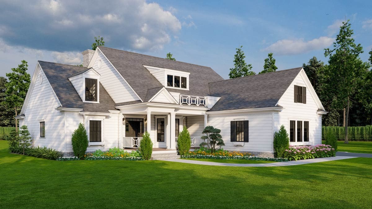 Modern Farmhouse house plan exterior with a prominent gable, dormers, covered front porch, and white lap siding.