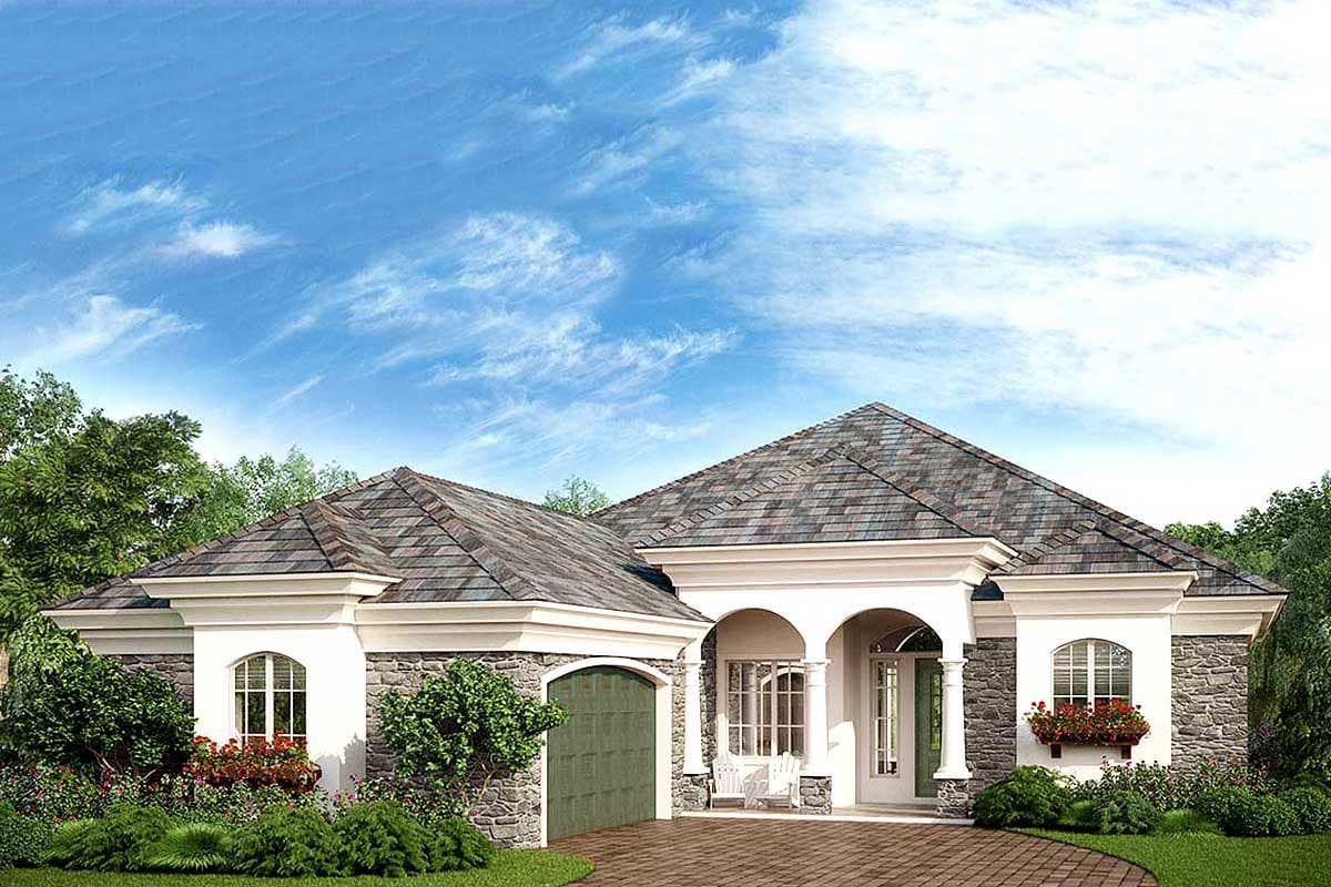 House plan exterior: Ranch style with stone accents, arched entryway with columns, and side-facing garage.