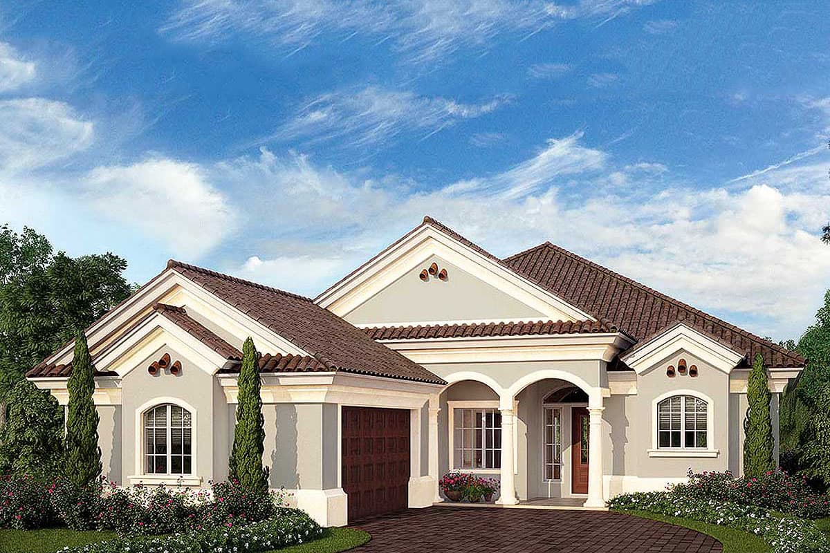House plan exterior with Mediterranean style, single story, arched entry, gabled roof, and attached garage.