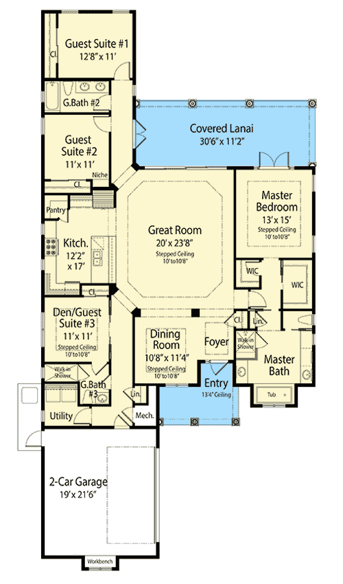 Plan 33183ZR: Budget Friendly Mediterranean House Plan with Options - Floor Plan - Main Level - European, Florida-Style, Mediterranean