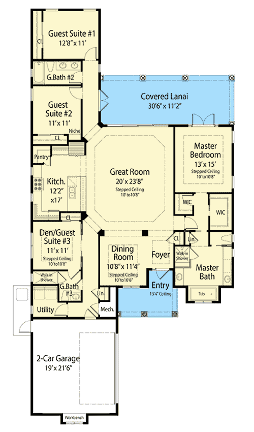 Plan 33182ZR: 2300 Square Foot Simple French Country Ranch Home Plan - Floor Plan - Main Level - European, French Country, Ranch, Southern