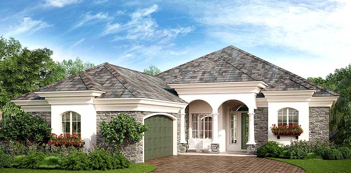 House plan exterior. One-story design with arched entry and gabled rooflines. Includes a stone facade and attached garage.