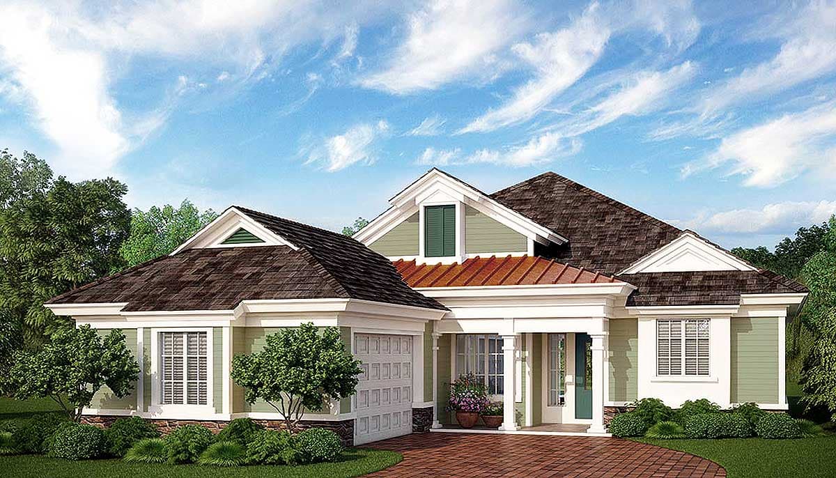 House plan exterior with Craftsman style, single story, and a front porch with columns, gabled roof, and attached garage.