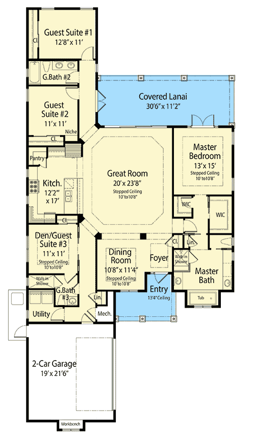Plan 33181ZR: 3-Bed Southern-Style House Plan under 2500 Square Feet - Floor Plan - Main Level - Country, Southern