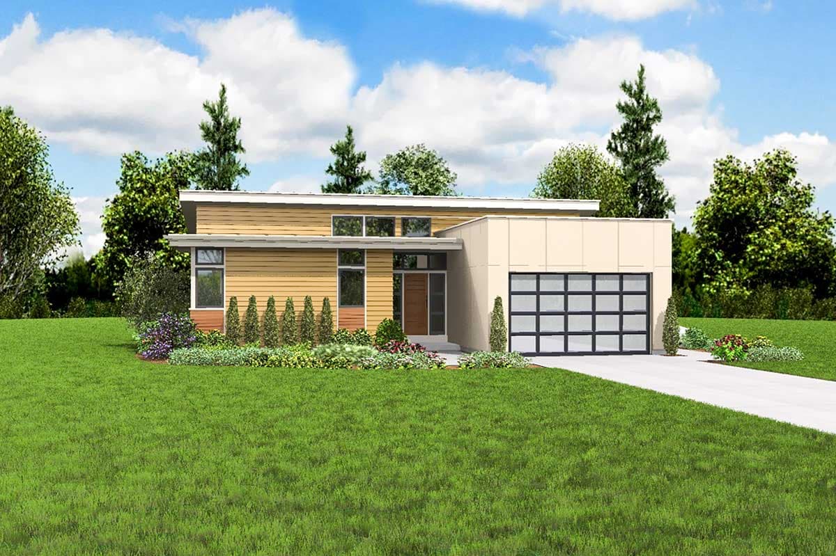 Modern house plan exterior with horizontal siding, clerestory windows, covered entry, and glass garage door.