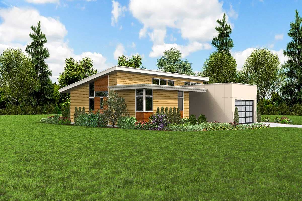 Modern house plan exterior with a low-pitched roof, horizontal siding, ample windows, and an attached garage.