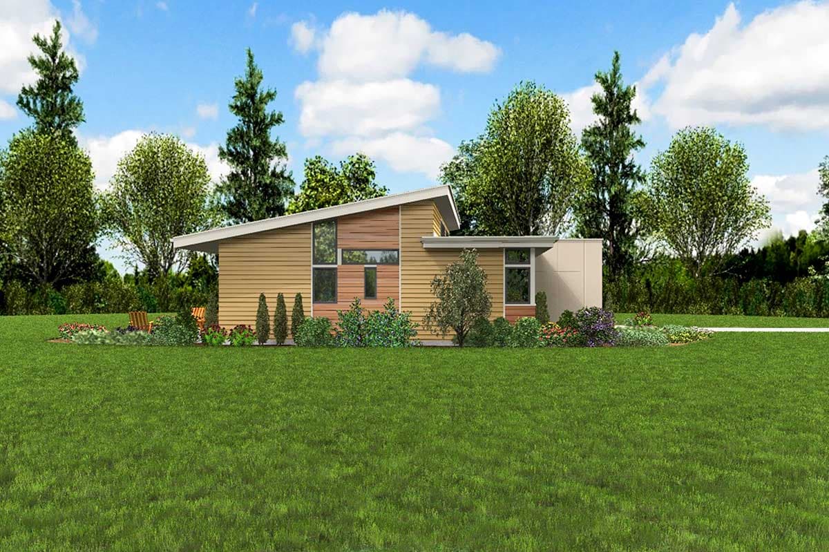 Modern house plan exterior, single-story, features a low-sloping roof, horizontal siding, and large, asymmetric windows.