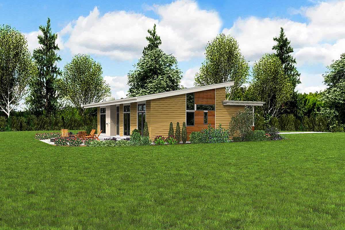 Modern ranch house plan exterior with a low-pitched roof, horizontal siding, and clerestory windows.