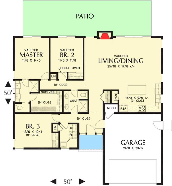 Plan 69637AM: Modern House Plan with Vaulted Ceilings and Transoms - 1624 Sq Ft - Floor Plan - Main Level - Contemporary, Mid Century Modern, Modern