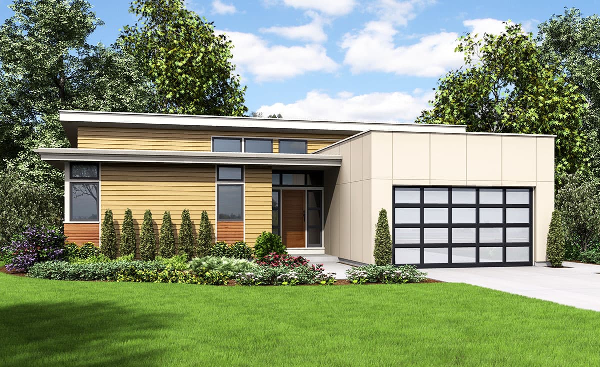 House plan exterior. Modern style, single story. Features include flat roof, glass garage door, and a covered entry.