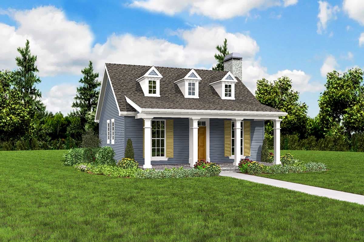 House plan exterior: Traditional style, one-story home with a covered front porch, three dormers, and a stone chimney.