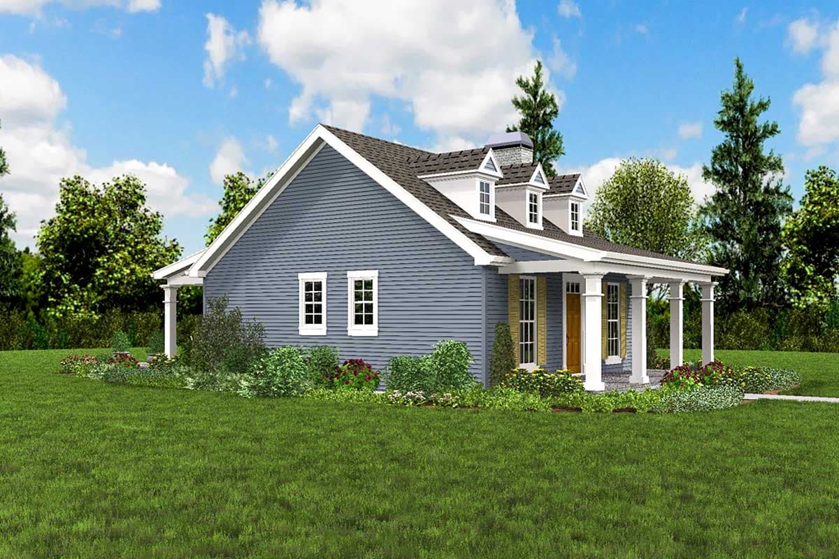 House plan exterior: Single-story home with a covered porch, prominent gables with dormer windows, and a side-facing garage.