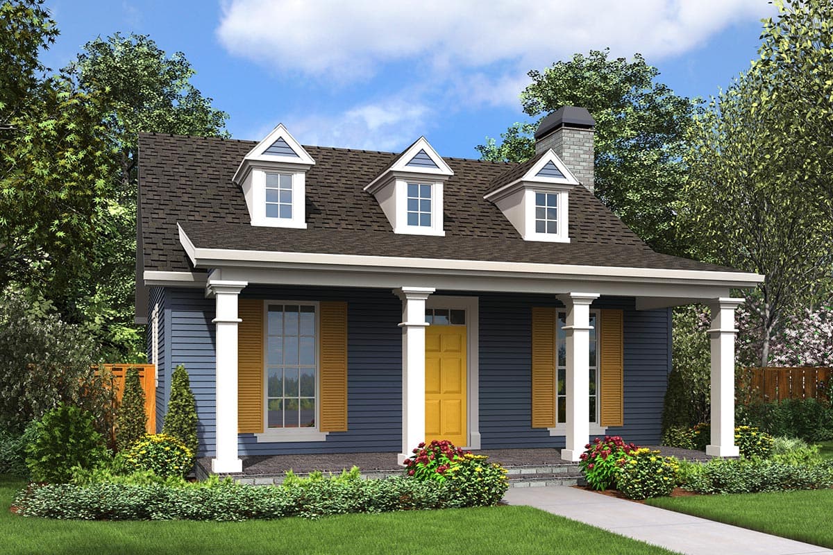 House plan exterior. One-story Cottage style home with front porch supported by columns. Features include three dormers and a brick chimney.