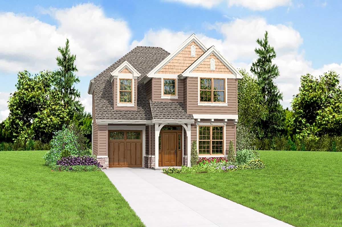 House plan exterior: Two-story Modern Farmhouse with gable dormers, arched entry, and attached garage.