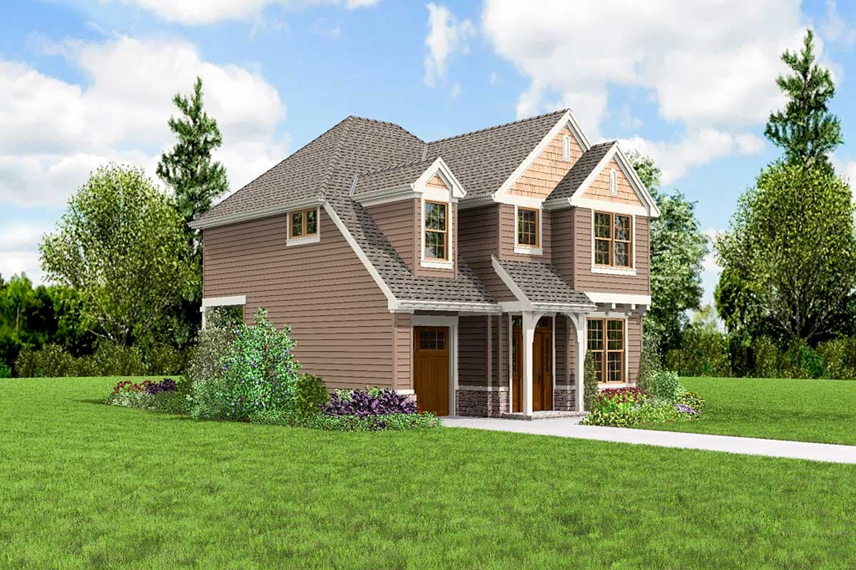 House plan exterior: Two-story home with prominent gables, dormer windows, a covered porch with arched supports, and an attached garage.