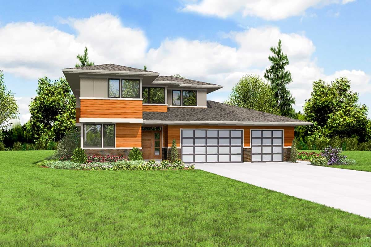 Modern two-story house plan exterior with horizontal siding, multiple gables, and a triple-car garage with glass doors.