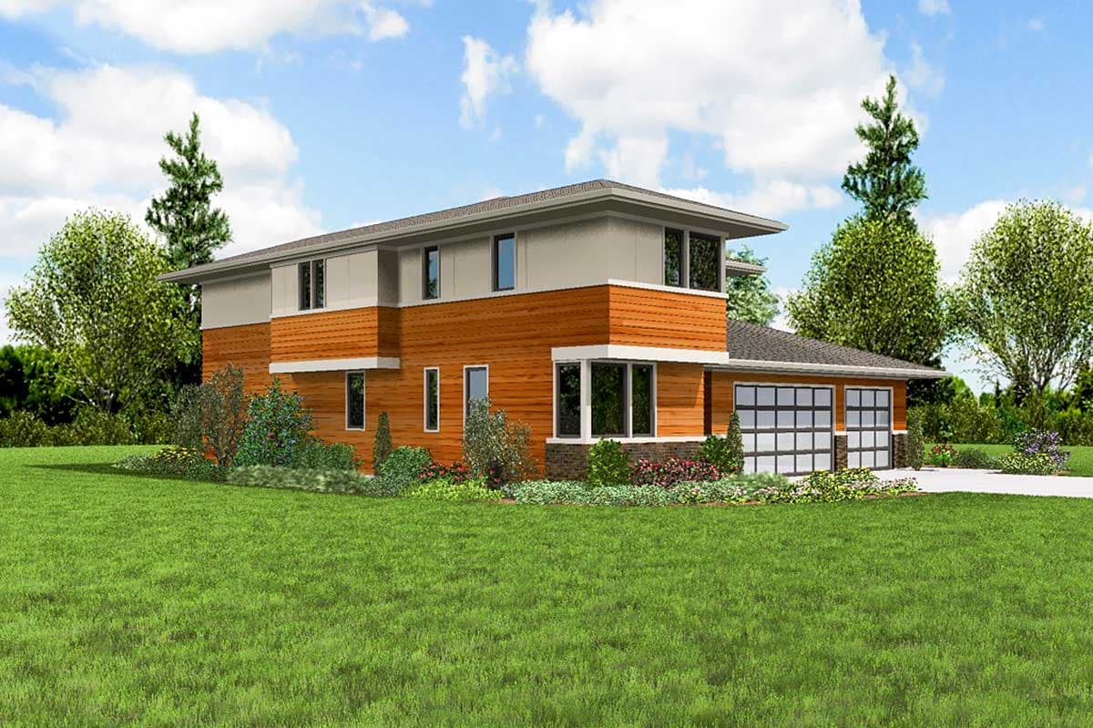 Modern house plan exterior with horizontal wood siding, large windows, flat roof, and a two-car garage with glass doors.