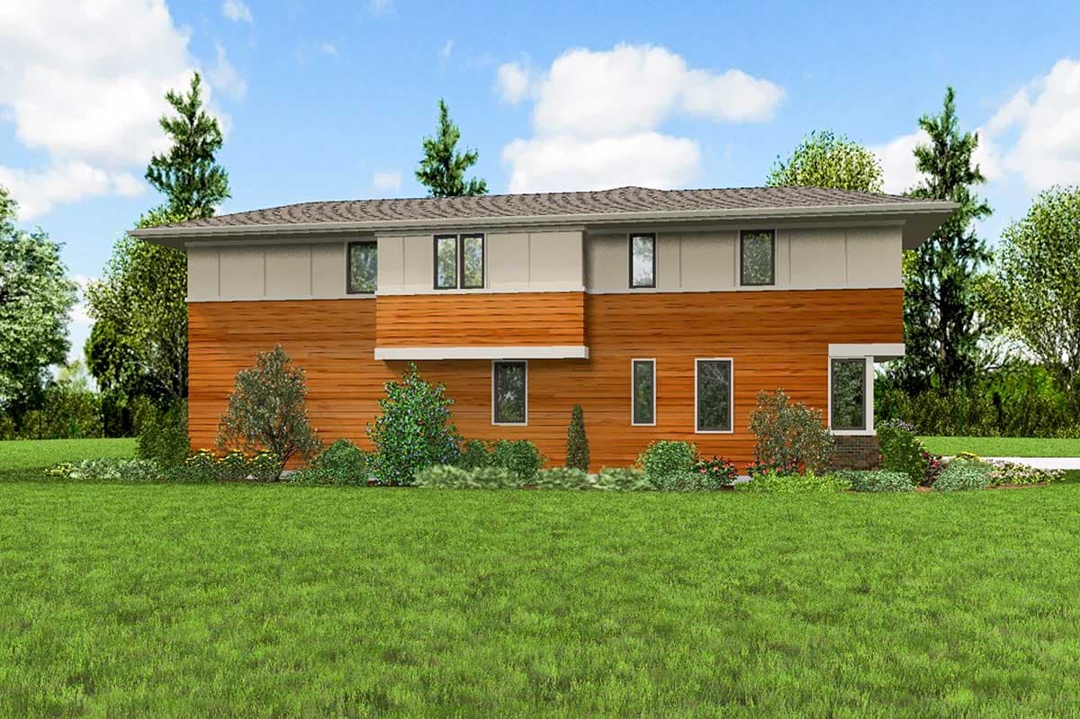 Two-story modern house plan exterior with wood siding, horizontal banding, and multi-pane windows.
