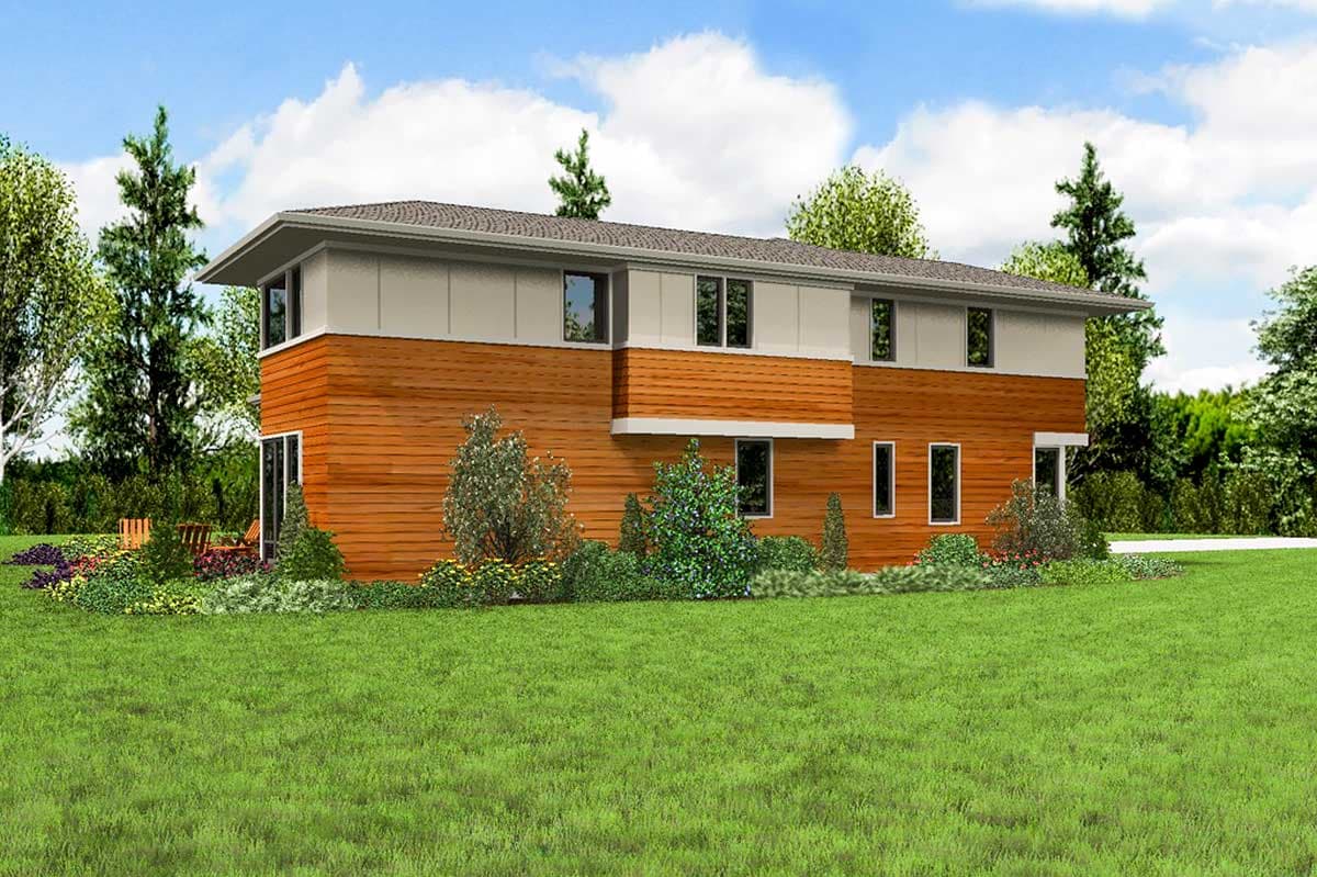 Two-story Modern Farmhouse exterior plan with horizontal siding, flat roofline, and prominent windows.
