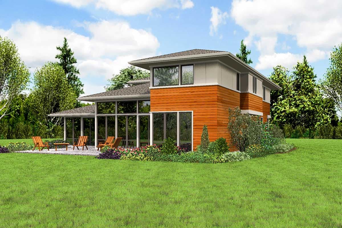 Modern two-story house plan exterior with wood siding, extensive glass walls, covered patio, and flat roof.