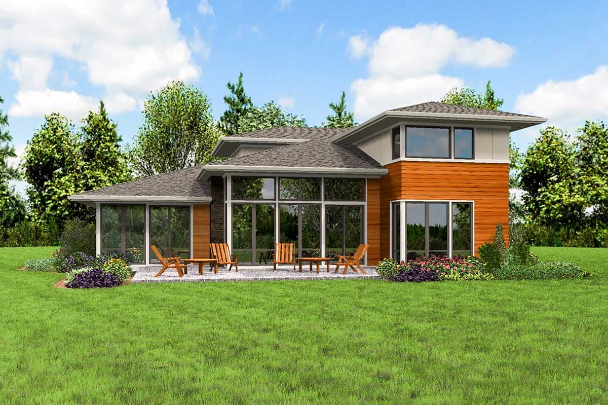 Modern house plan exterior with a mix of wood siding and stone, large windows, and a flat roof.