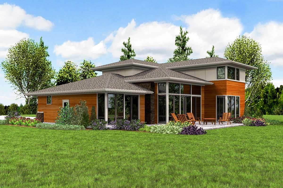 Modern house plan exterior with wood siding, stone accents, large windows, and flat rooflines.