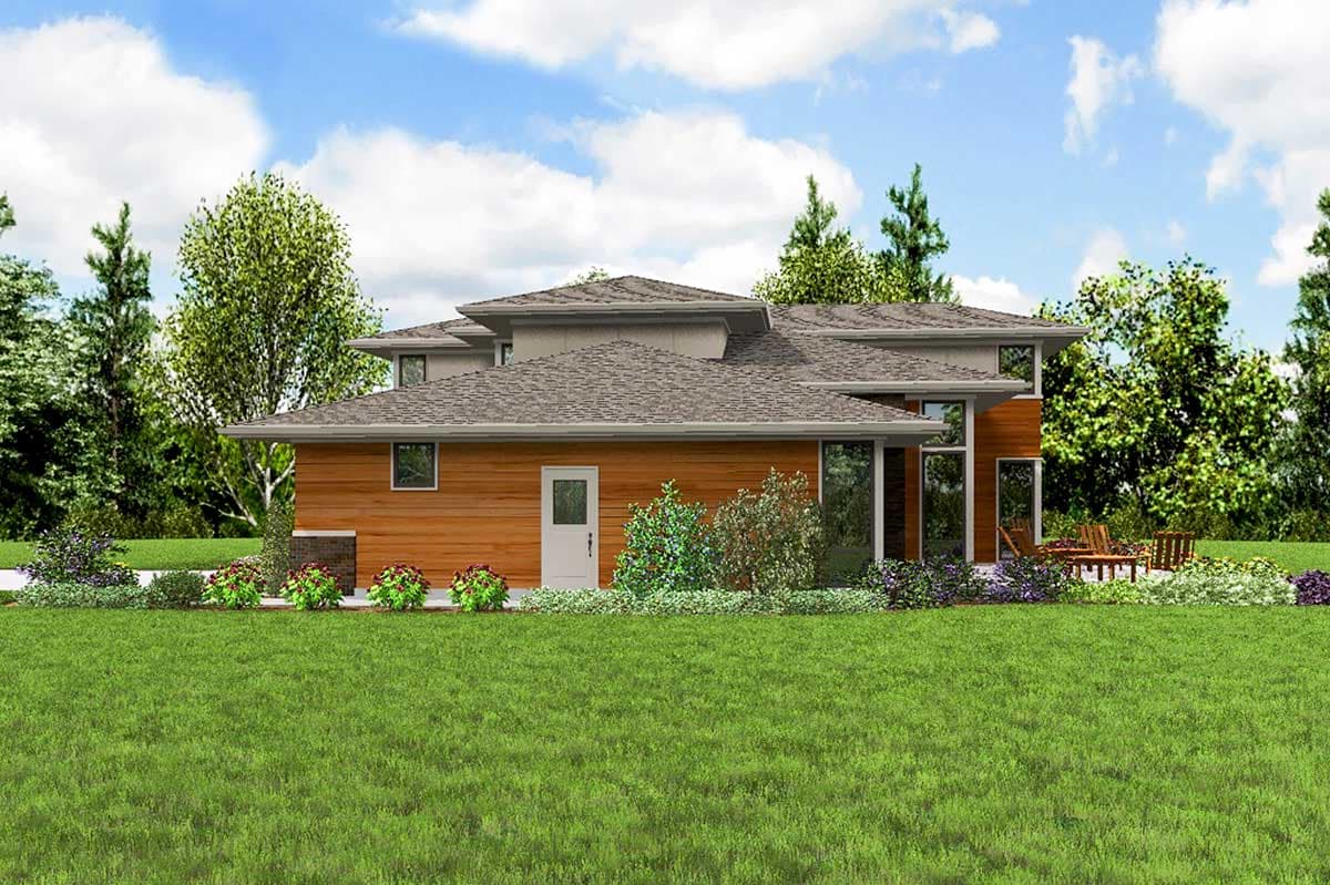 House plan exterior of a two-story Modern style home with a wood facade, large windows, and a multi-level roofline.
