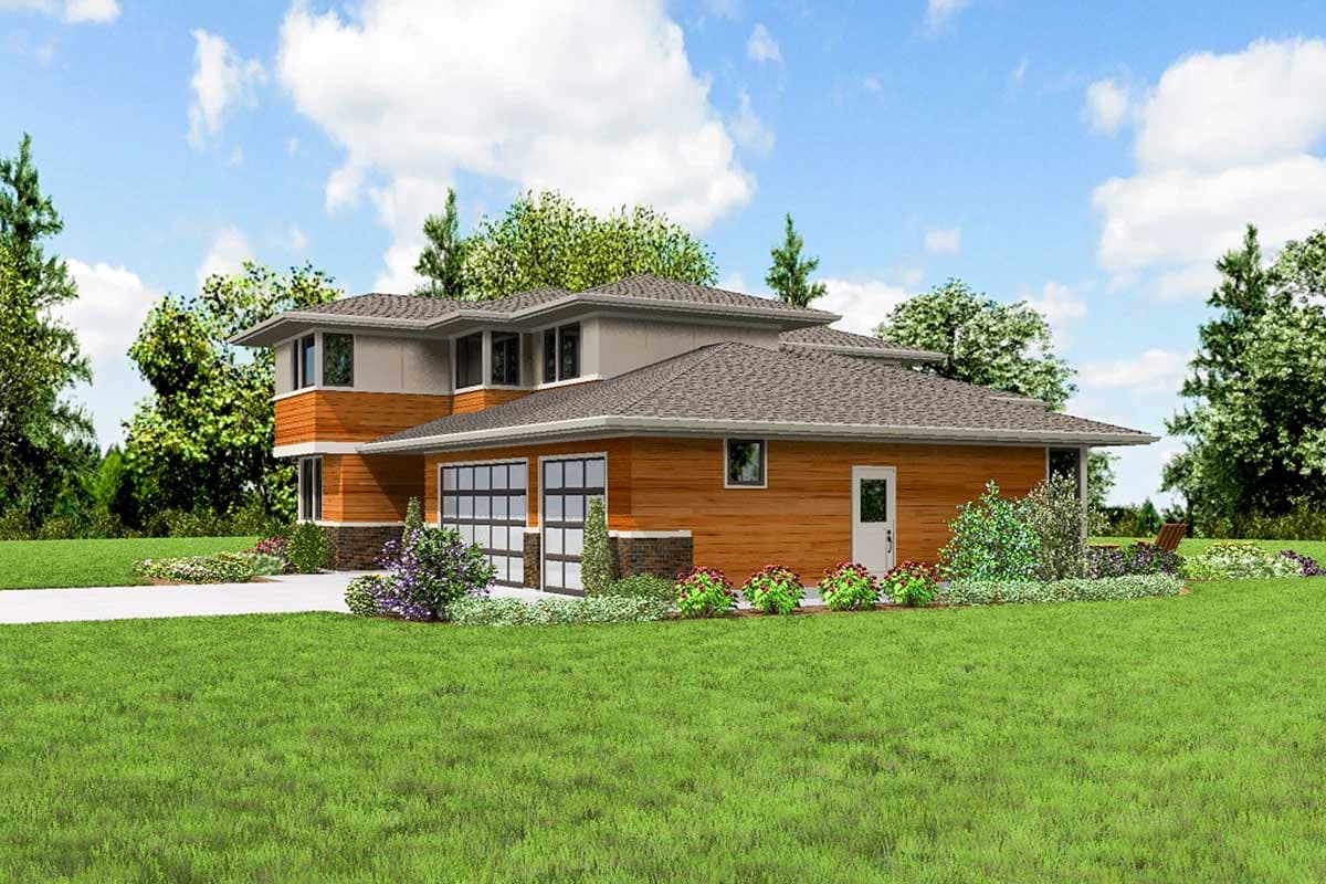 Modern house plan exterior with horizontal wood siding, multiple rooflines, two-car garage with glass doors, and second-story upper level.