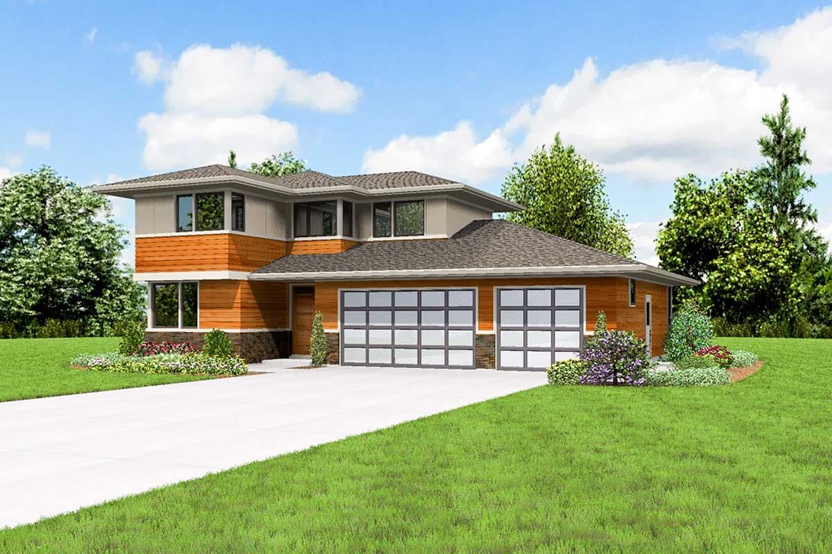 Modern house plan exterior with wood siding, stone accents, two-car garage with glass panels, and multi-level rooflines.