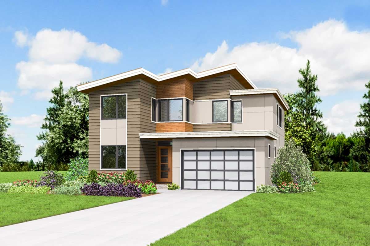 Modern house plan exterior with two stories, multiple gables, a prominent corner window, and an attached garage.