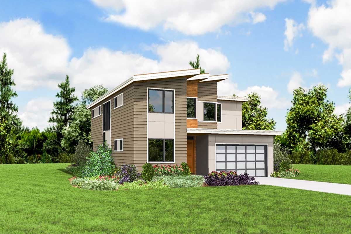 Modern house plan exterior with two stories, horizontal siding, angled rooflines, and attached two-car garage.