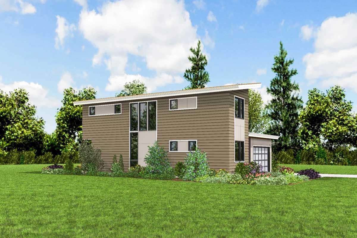 Modern house plan exterior featuring a two-story design, horizontal siding, a sloped roof, and an attached garage.
