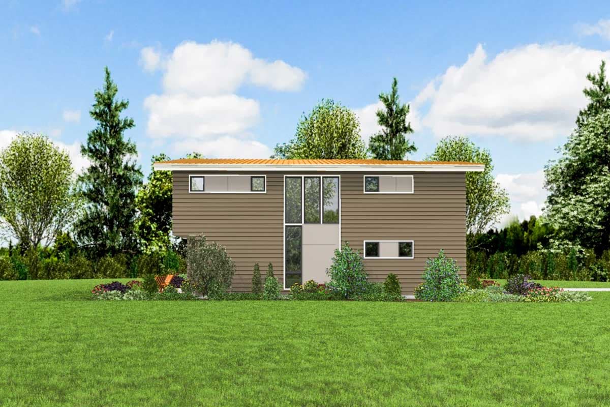 Modern house plan exterior with horizontal siding, flat roof, and a prominent vertical window element.